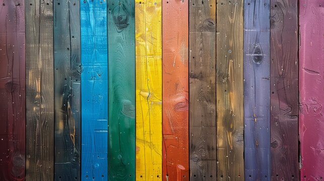 A weathered wooden fence with horizontal rainbow stripes, conveying a rustic and inclusive pride theme