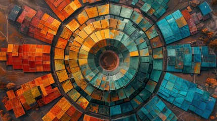 Aerial view of a solar farm arranged in the pattern of a giant dodecahedron, vibrant colors, illustration ,abstract background