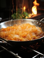 The pasta is cooked in a frying pan with sauce poured in, all under the warm light of candles