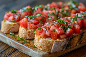 Bruschetta: Toasted bread topped with diced tomatoes, fresh basil, garlic, and a drizzle of olive oil. The colors should be vibrant and fresh.
