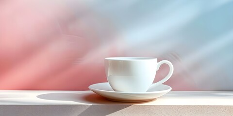 Elegant White Cup and Saucer on Beige Table with Blue Backdrop and Shadow. Concept Table Setting, Minimalist Decor, Elegant Styling, Photography Inspiration