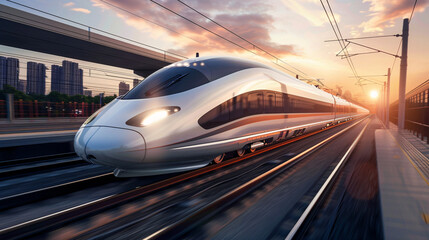 A futuristic high-speed train gliding smoothly along elevated tracks, advanced technology of modern transportation systems.