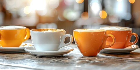 A Modern Cafe Scene: Closeup of Various Coffee Cups on a Wooden Table. Concept Modern Cafe Scene, Coffee Cups, Wooden Table, Closeup Shot, Lifestyle Photography