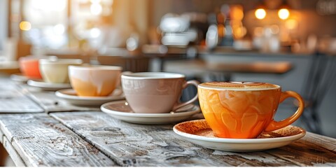 Variety of Coffee Cups on a Wooden Table in a Contemporary Cafe. Concept Coffee Shop Decor, Wooden Furniture, Modern Interior, Table Setting, Beverage Variety