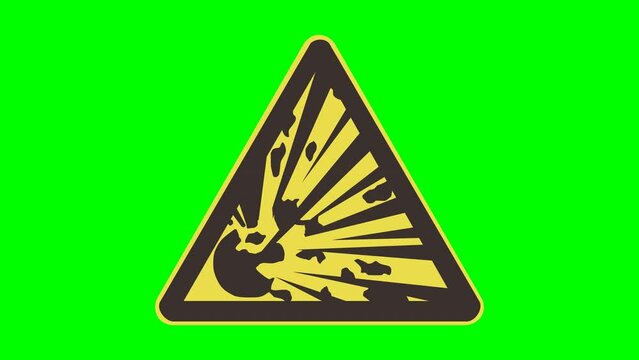 Appearance of yellow and black triangular explosive danger sign on green background, transparent background and alpha channel in flat design style