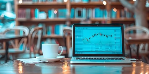 Stock trading setup with laptop table charts and coffee cup nearby. Concept Stock Trading Setup, Laptop, Table Charts, Coffee Cup, Trading Tools