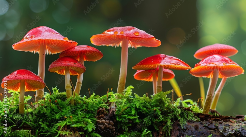 Poster close-up of red-capped mushrooms on a log, standing out against the green moss and forest floor.