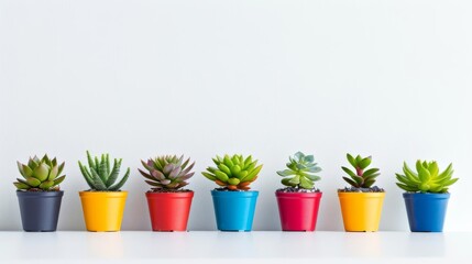 Cute and clean wallpaper of a row of small succulent plants in colorful pots - Powered by Adobe