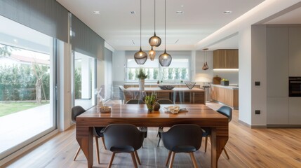 Fototapeta premium Contemporary minimalist-style dining room with a wooden table, modern chairs, and pendant lighting.