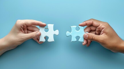 Collaboration symbolized by diverse hands connecting white puzzle pieces on a serene blue background