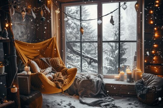 Snug nook with a chair, blanket, and candles by a window overlooking a serene snowscape