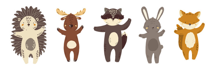 Vector illustration with forest animals. Fox, hare, raccoon, hedgehog, elk. Baby animals. Large set for clipart. Set of animals in cartoon style on a white background.