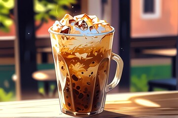 Italian Iced Coffee on wooden table glowing sunlight, next to window, Anime style illustration, background, food and drinks