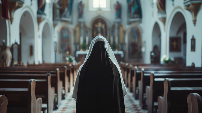 Back view of a nun in contemplation at the aisle of a serene chapel.