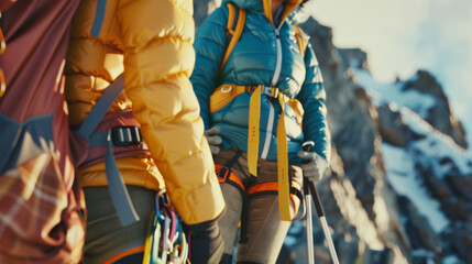 Mountaineers gearing up with ropes and equipment against rugged backdrop.