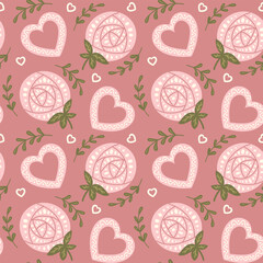 Retro seamless pattern with flat flowers and hearts in folk fantasy style. Vector illustration in boho style and muted colors for wedding. Botanical contrast print design for textile