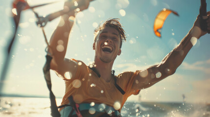 Exhilarated young man kite surfing on a sunny day with ocean spray.