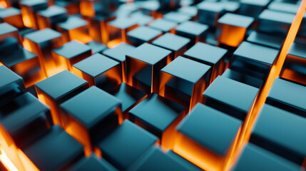 Fototapeta premium Blue cubes bathed in a fiery amber light, suggesting a high-tech ambiance.