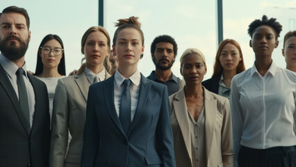 Fototapeta premium Assertive businesswoman leads a diverse team, symbolizing confidence and modern leadership.