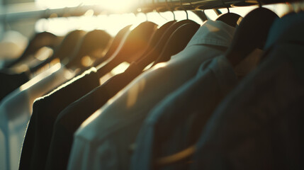 Obraz premium Silhouette of hanging clothes against a warm, illuminated backdrop.