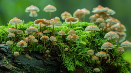 Detailed view of tiny mushrooms on a moss-covered log, showcasing the diversity of fungi in a natural habitat.