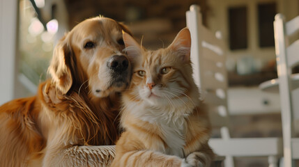 Golden retriever and ginger cat share a heartfelt bond in a cozy home setting.