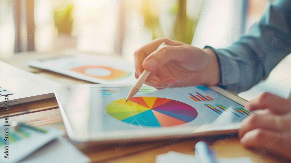 Fototapete Digital pie chart displayed on a tablet, with a businessperson making notes in a bright office setting.