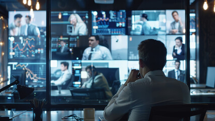 A man views multiple monitors with analytical data in a high-tech surveillance room.