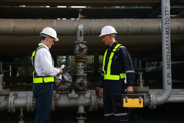 Construction engineers supervising the project's progress for the piping system stand on the new...
