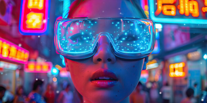 Augmented Reality Mesmerizes in Neon Glow: Street Performer Dazzles Crowd with Digital Illusions.