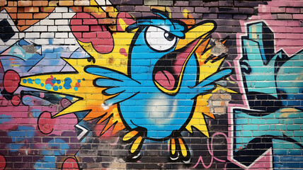 Pop art comic street graffiti with a birds on a brick wall. Creative poster.	