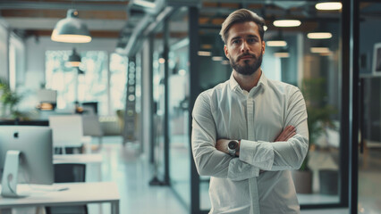 Fototapeta premium Confident businessman stands with arms crossed in a modern office setting, exuding leadership.