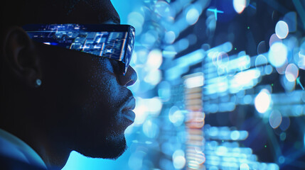 Man explores data in a futuristic virtual reality environment.