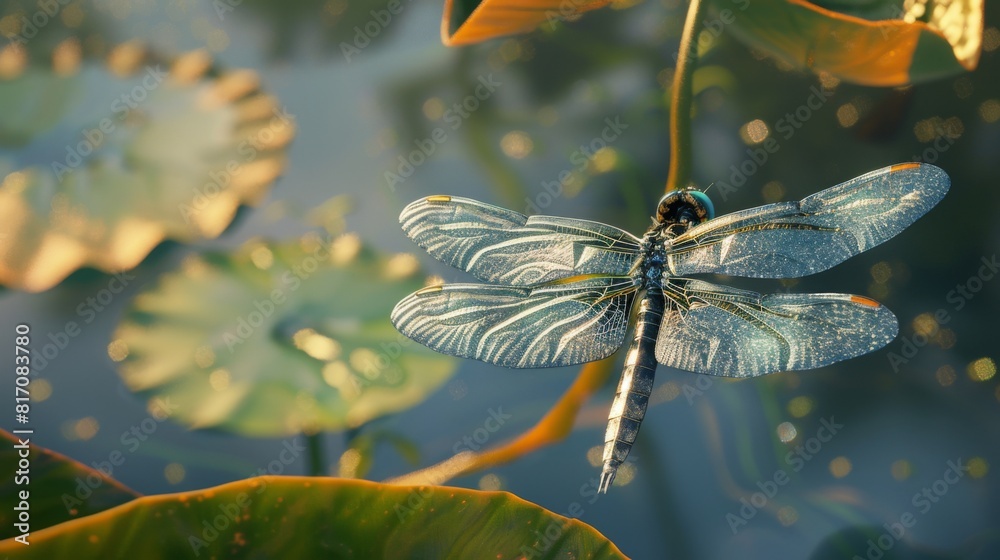 Poster dragonfly with translucent wings resting on a leaf, with a pond in the background.
