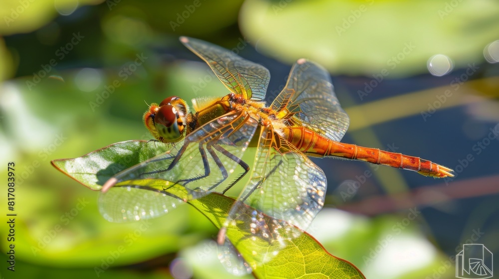Aufkleber dragonfly with translucent wings resting on a leaf, with a pond in the background.