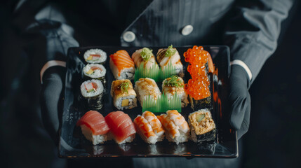 A luxurious assortment of sushi served with precise presentation in elegant ambiance.