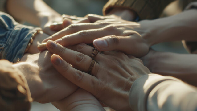 Interlocked hands reflective of teamwork and a pledge to unity.