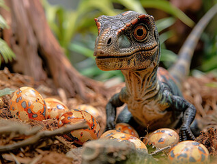 a baby velociraptor in a nest. generative ai