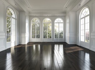 Big empty room in a luxury home with dark wood floors, stock photo contest winner in the style of high resolution