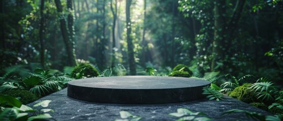 Forest inspired blank podium for organic products selective focus dynamic composite with dense forest backdrop