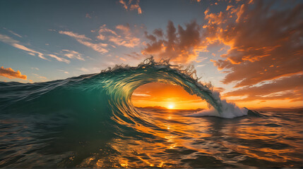 a dramatic and vibrant scene of a curling ocean wave at sunset, beautifully framing the sun and the fiery sky within its translucent arc