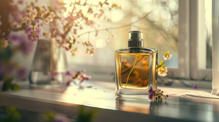 Elegant perfume bottle basks in warm sunlight on a floral backdrop.