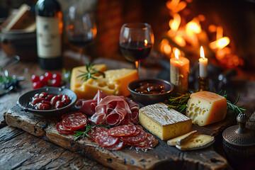 Different types of cheese on a wooden table, served with red wine, near the fireplace. Assortment of cheeses, appetizers
 - Powered by Adobe