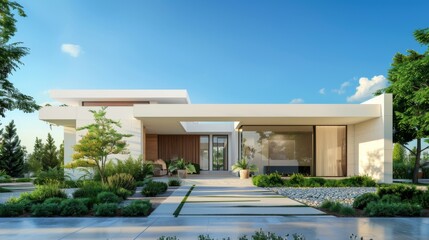 Exterior shot of a minimalist-style house with a flat roof, clean white walls, and minimalist landscaping.