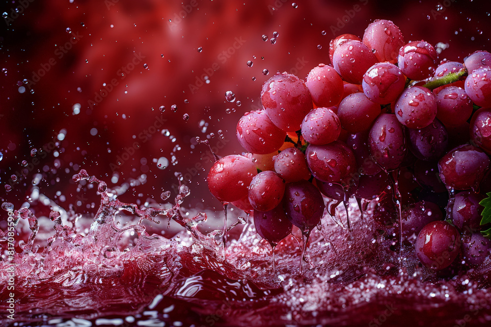 Leinwandbilder a bunch of red grapes is being splashed with water, creating droplets and ripples on the fruit’s sur
