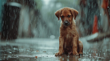 Stray homeless dog, sad abandoned hungry puppy sitting alone in the street under rain dirty wet...