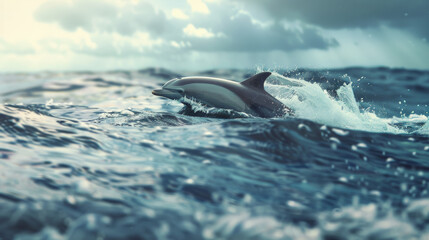 A dolphin arcs gracefully over ocean waves under stormy skies.