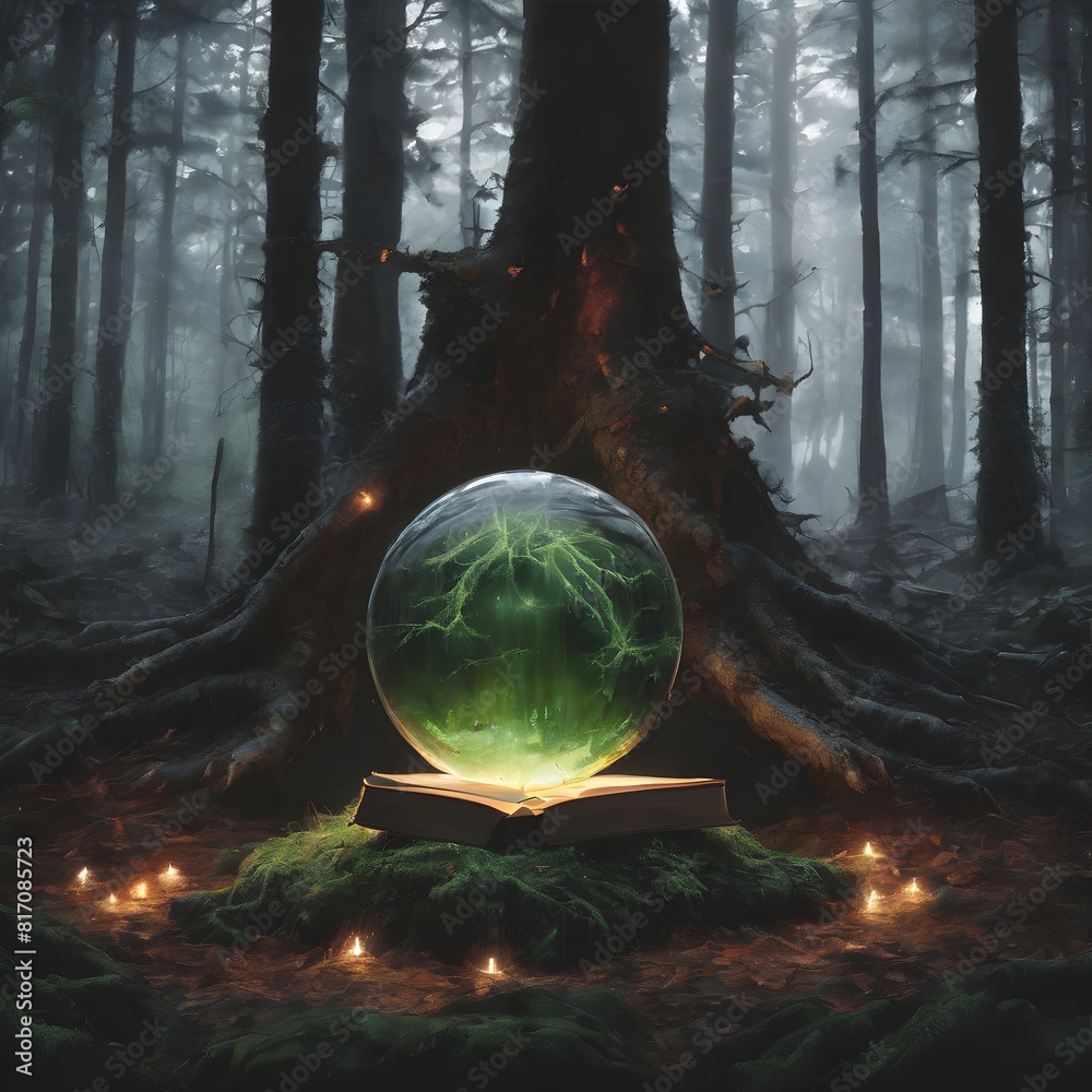 Wall mural symbol of the moon, a crystal ball lying on a stump in the forest that is covered with moss on a dar