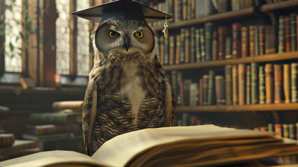 Scholarly owl in an academic cap perches on books in a library, symbolizing wisdom.