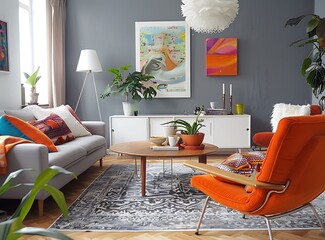 A bright and modern living room with grey walls, white sideboard furniture, orange chairs, colorful pillows on the sofa, a wooden coffee table, carpet, and paintings hanging on the wall